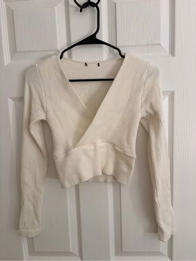 Zara Cream Ribbed Wrap-Front Long Sleeve Top